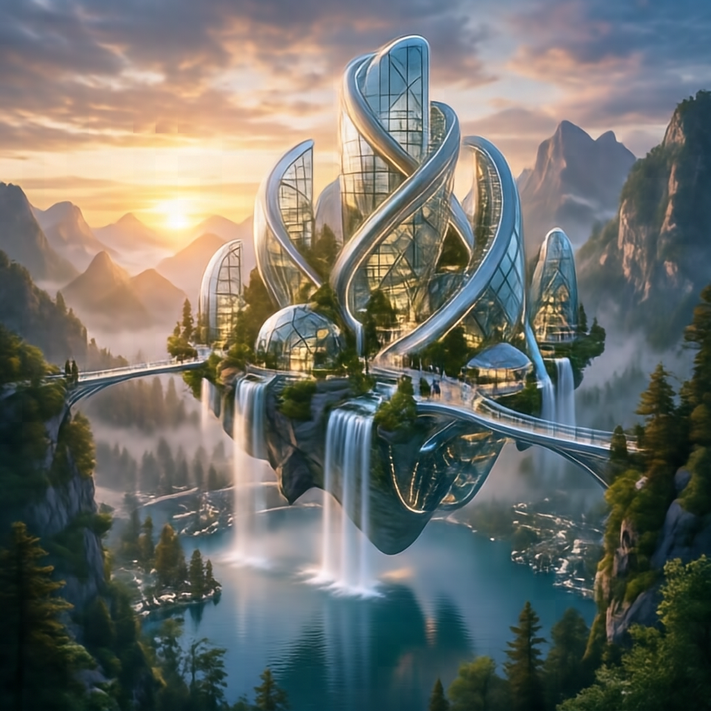 Sculptural glass towers above a mountain lake at sunset